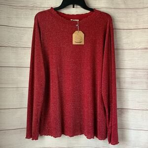 Kori Red Sparkly Long Sleeve Top with Silver Metallic Thread Scalloped Neck 1XL